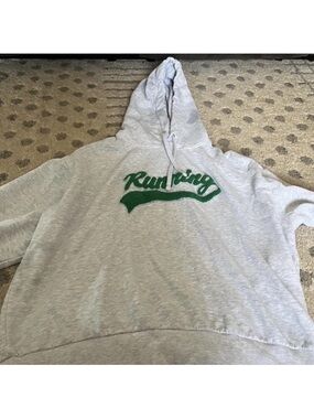 Gray Hoodie with Green Accent and White Size Tag